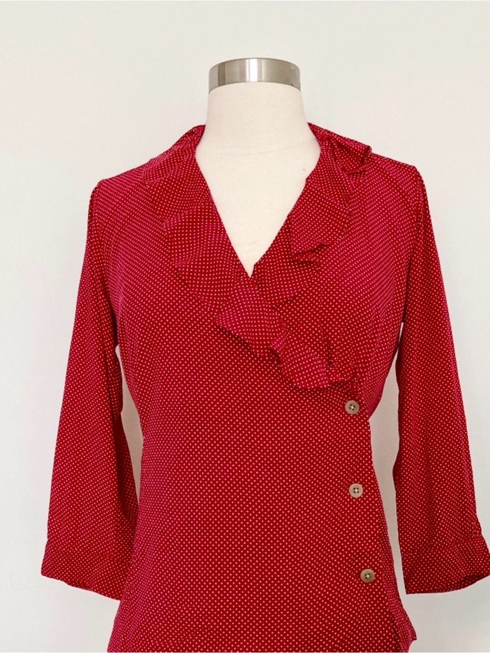 Uniqlo Red Polka Dot Ruffle Wrap Blouse